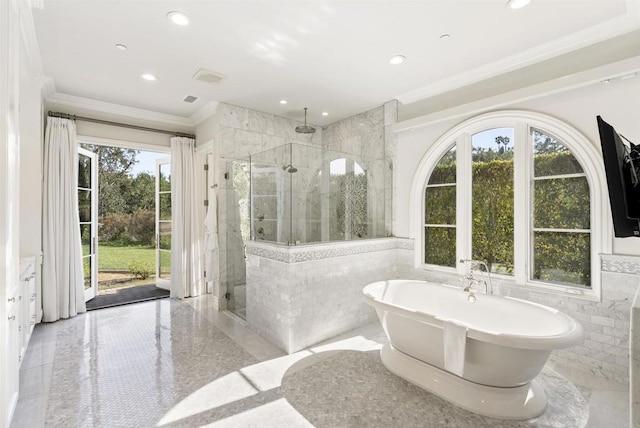 17324 Calle Serena, Rancho Santa Fe, CA 92067 - bathroom with a shower stall, a soaking tub, crown molding, recessed lighting, and tile walls