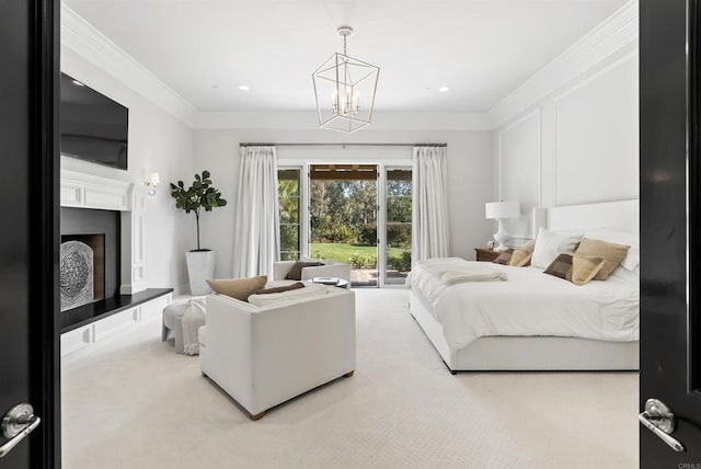 17324 Calle Serena, Rancho Santa Fe, CA 92067 - carpeted bedroom with a chandelier, a fireplace with raised hearth, and ornamental molding