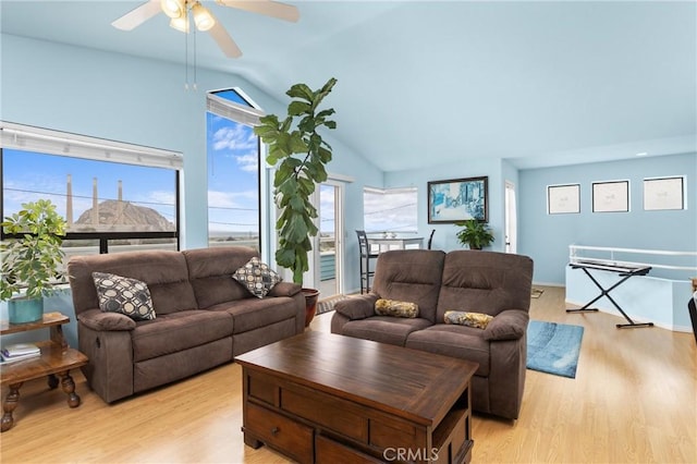 1358 Clarabelle Dr, Morro Bay, CA 93442 - living room with lofted ceiling, a ceiling fan, and light wood-type flooring