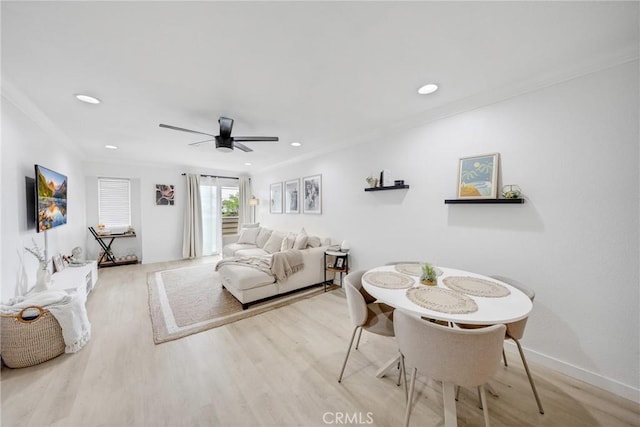1055 Orizaba Ave Unit 3, Long Beach, CA 90804 - living area featuring wood finished floors, ornamental molding, a ceiling fan, and recessed lighting