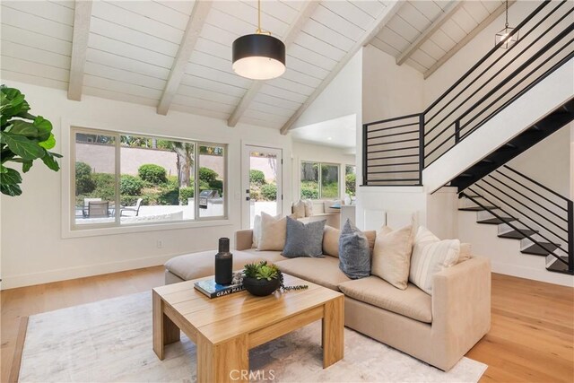 21679 Calle Alcazar, Yorba Linda, CA 92887 - living area featuring wood finished floors, stairs, and wooden ceiling