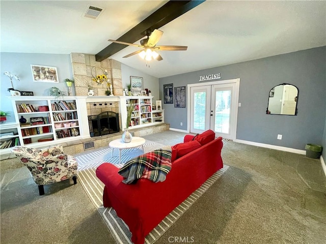 3332 Shamrock Pl, Merced, CA 95340 - living area with carpet floors, a fireplace, ceiling fan, and french doors