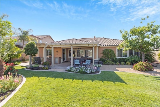 44655 Howell Mountain St, Temecula, CA 92592 - rear view of property with a tiled roof, a patio, a yard, stucco siding, and a pergola