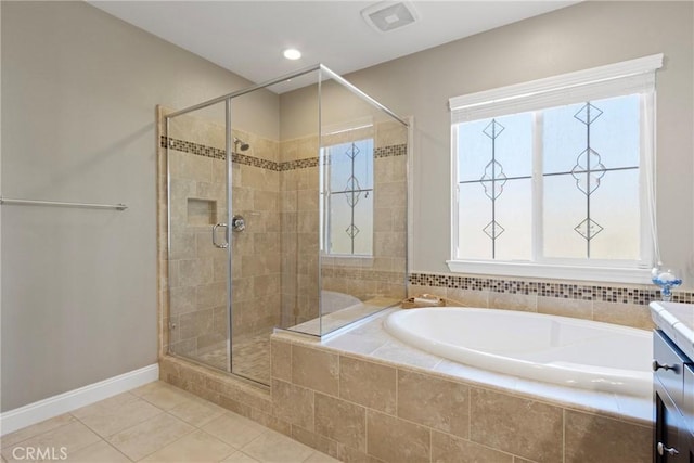 44655 Howell Mountain St, Temecula, CA 92592 - full bath with a garden tub, tile patterned floors, a stall shower, and plenty of natural light