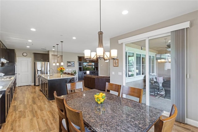 44655 Howell Mountain St, Temecula, CA 92592 - dining space with a chandelier, light wood-style floors, recessed lighting, and ceiling fan
