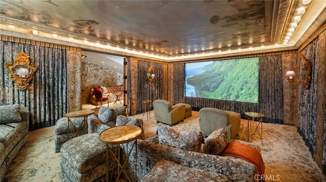 36 Pelican Crest Dr, Newport Coast, CA 92657 - carpeted cinema room with a raised ceiling and ornamental molding