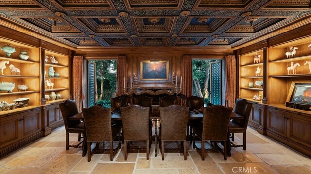 36 Pelican Crest Dr, Newport Coast, CA 92657 - dining space featuring built in shelves, healthy amount of natural light, crown molding, stone tile flooring, and wood walls