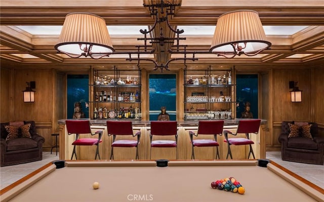 36 Pelican Crest Dr, Newport Coast, CA 92657 - indoor dry bar with billiards table, coffered ceiling, wood walls, and crown molding