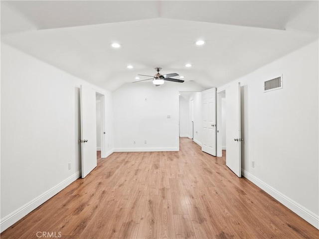 2128 E 3rd St, Los Angeles, CA 90033 - unfurnished living room with lofted ceiling, ceiling fan, light wood finished floors, and recessed lighting