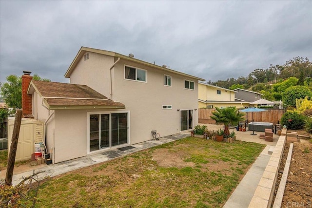 1110 Benjamin Pl, El Cajon, CA 92020 - rear view of property with a patio, stucco siding, a storage shed, a chimney, and a shingled roof