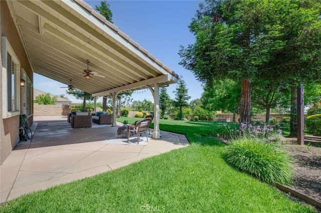 8911 Mustang Rd, Alta Loma, CA 91701 - view of grassy yard with an outdoor hangout area, ceiling fan, and a patio area