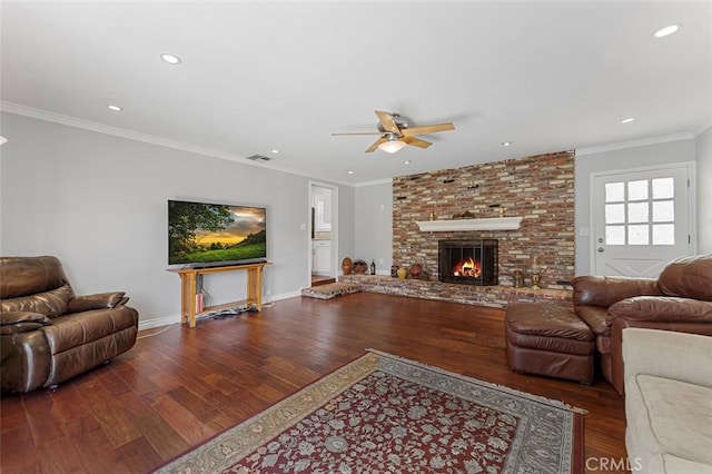 1200 S Pennsylvania Ave, Glendora, CA 91740 - living room featuring wood finished floors, ceiling fan, recessed lighting, a brick fireplace, and ornamental molding