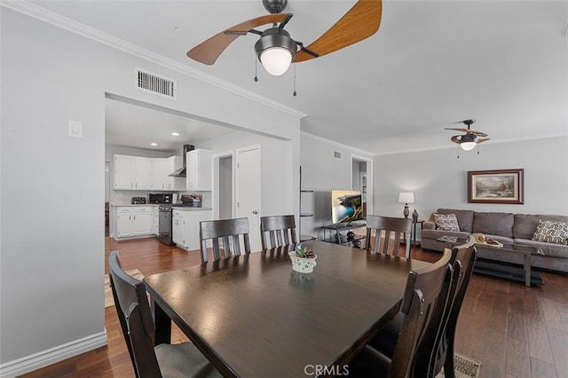 1200 S Pennsylvania Ave, Glendora, CA 91740 - dining area featuring ceiling fan, ornamental molding, and dark wood-type flooring