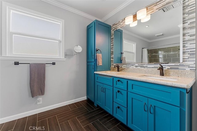 1200 S Pennsylvania Ave, Glendora, CA 91740 - bathroom with double vanity, decorative backsplash, a shower with shower curtain, and ornamental molding