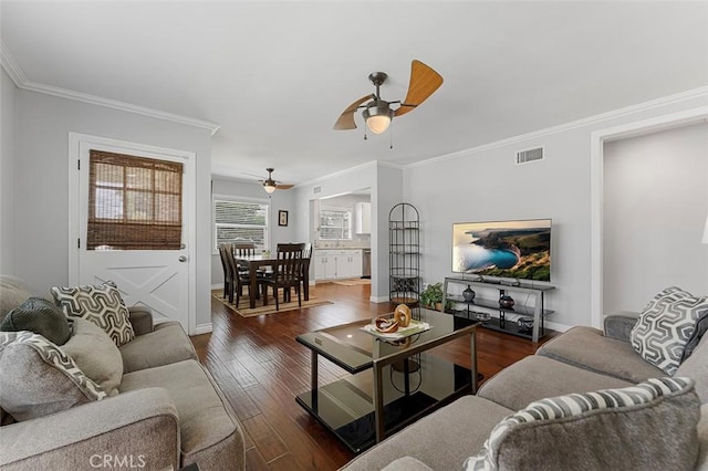 1200 S Pennsylvania Ave, Glendora, CA 91740 - living area with a ceiling fan, ornamental molding, and hardwood / wood-style flooring