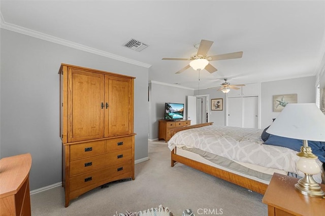 1200 S Pennsylvania Ave, Glendora, CA 91740 - bedroom featuring light colored carpet, ornamental molding, ceiling fan, and a closet