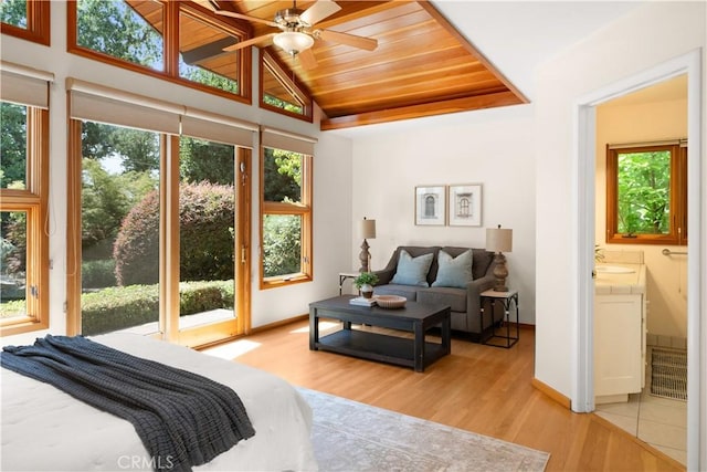 1013 Arbutus Ave, Chico, CA 95926 - bedroom with light wood-type flooring, access to outside, wood ceiling, vaulted ceiling, and connected bathroom