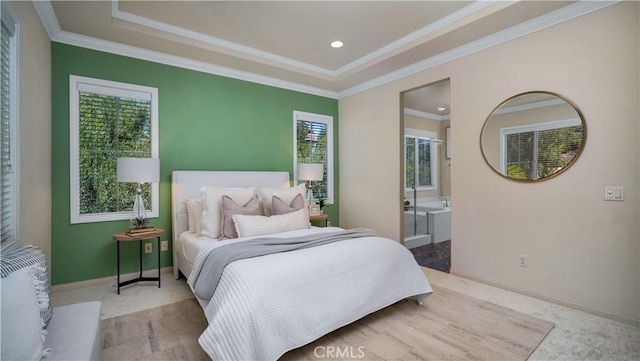 233 Bright Poppy, Irvine, CA 92618 - bedroom featuring multiple windows, a tray ceiling, crown molding, recessed lighting, and ensuite bathroom