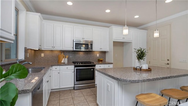 233 Bright Poppy, Irvine, CA 92618 - kitchen featuring stainless steel appliances, white cabinetry, ornamental molding, light tile patterned floors, and decorative backsplash
