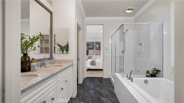 233 Bright Poppy, Irvine, CA 92618 - ensuite bathroom with a stall shower, double vanity, a freestanding tub, crown molding, and marble finish flooring
