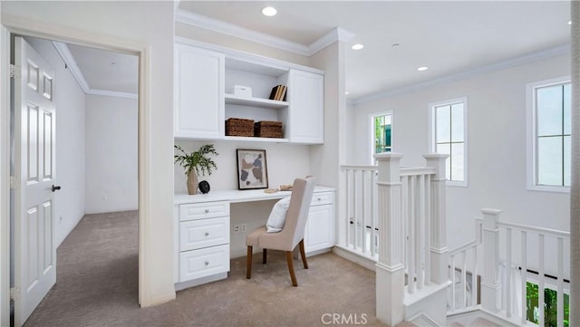 233 Bright Poppy, Irvine, CA 92618 - office with built in study area, light carpet, crown molding, and recessed lighting
