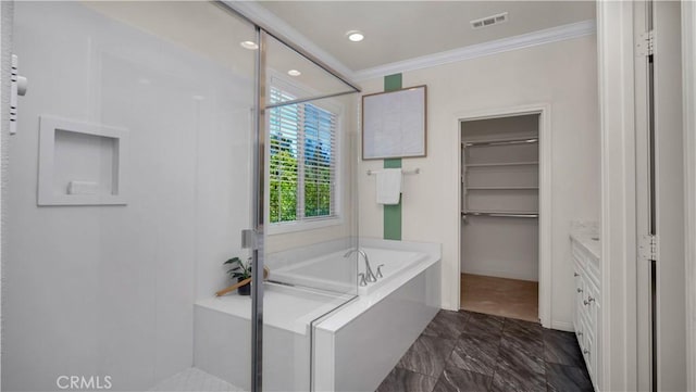 233 Bright Poppy, Irvine, CA 92618 - full bath featuring crown molding, a bath, vanity, a stall shower, and recessed lighting