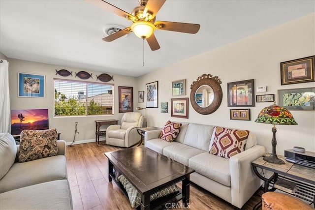 8160 Cholla Ave, Yucca Valley, CA 92284 - living room featuring a ceiling fan and wood finished floors