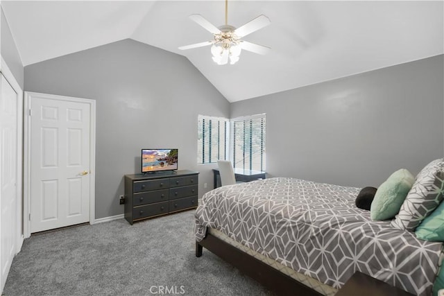 77 Park Dr, Running Springs, CA 92382 - bedroom with vaulted ceiling, carpet, and a ceiling fan
