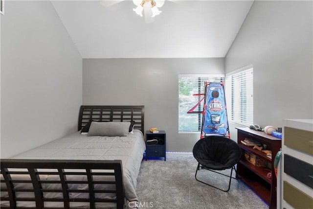 77 Park Dr, Running Springs, CA 92382 - carpeted bedroom with lofted ceiling and ceiling fan