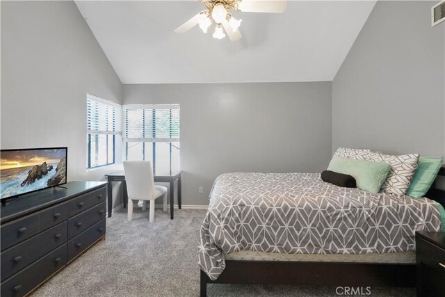 77 Park Dr, Running Springs, CA 92382 - bedroom with lofted ceiling, carpet flooring, and ceiling fan
