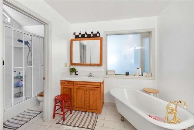 77 Park Dr, Running Springs, CA 92382 - full bath featuring a stall shower, vanity, tile patterned floors, and a freestanding bath