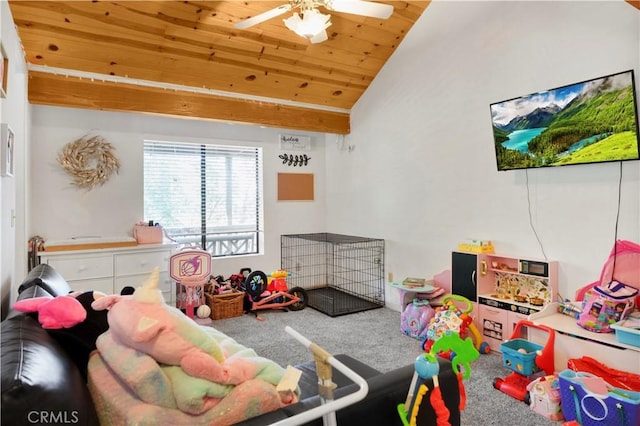 77 Park Dr, Running Springs, CA 92382 - playroom featuring carpet floors, wooden ceiling, vaulted ceiling, and a ceiling fan