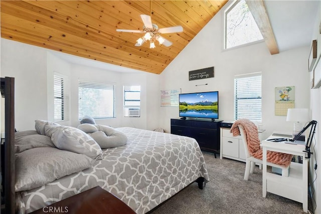 77 Park Dr, Running Springs, CA 92382 - carpeted bedroom with multiple windows, wooden ceiling, high vaulted ceiling, cooling unit, and ceiling fan