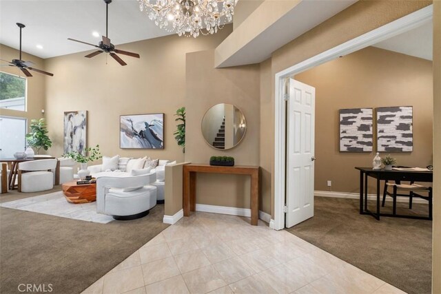 25066 El Carrizo, Laguna Niguel, CA 92677 - living room featuring carpet floors, ceiling fan, high vaulted ceiling, a chandelier, and recessed lighting