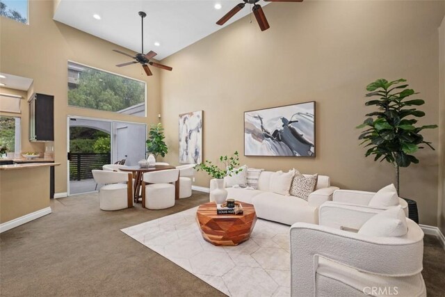25066 El Carrizo, Laguna Niguel, CA 92677 - carpeted living room featuring a ceiling fan, high vaulted ceiling, and recessed lighting