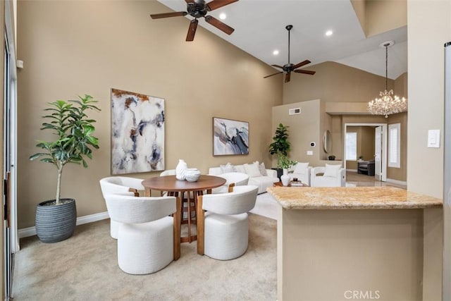 25066 El Carrizo, Laguna Niguel, CA 92677 - dining area with a ceiling fan, high vaulted ceiling, recessed lighting, carpet floors, and a chandelier