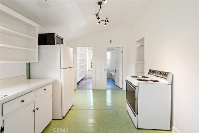863 Chorro St, San Luis Obispo, CA 93401 - kitchen with white appliances, open shelves, vaulted ceiling, white cabinetry, and light countertops