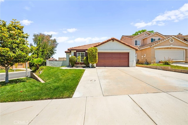 33546 Maplewood Ct, Temecula, CA 92592 - view of front of property with an attached garage, stucco siding, a front lawn, concrete driveway, and a tiled roof