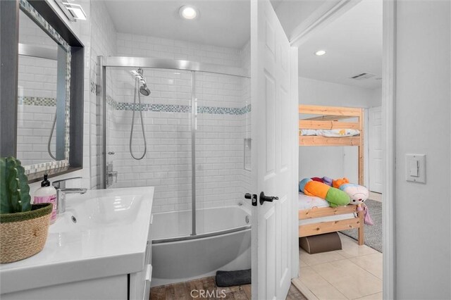4698 Morro Dr, Woodland Hills, CA 91364 - bathroom featuring connected bathroom, vanity, bath / shower combo with glass door, and recessed lighting
