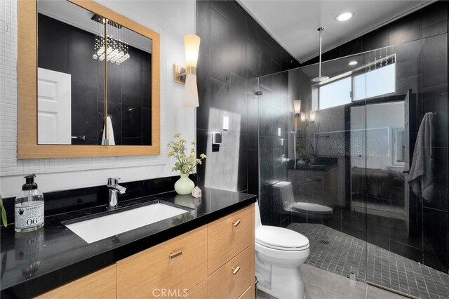 4698 Morro Dr, Woodland Hills, CA 91364 - full bathroom with vanity, a stall shower, tile patterned flooring, and recessed lighting