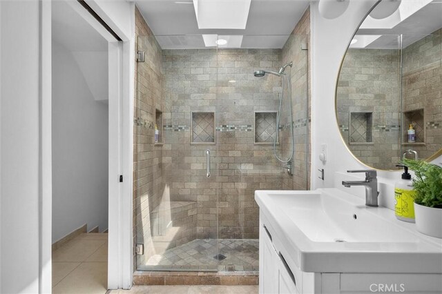 4698 Morro Dr, Woodland Hills, CA 91364 - bathroom featuring vanity, a shower stall, and tile patterned flooring
