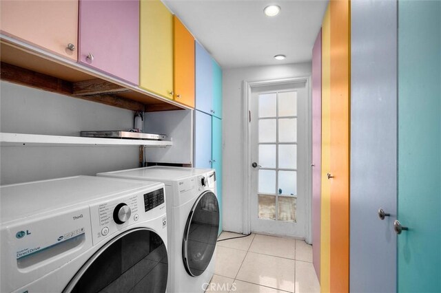 4698 Morro Dr, Woodland Hills, CA 91364 - laundry room featuring cabinet space, washing machine and dryer, plenty of natural light, light tile patterned flooring, and recessed lighting