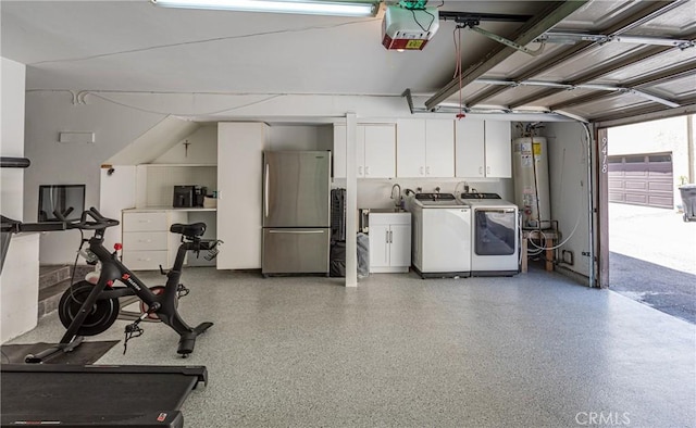 9418 Via Patricia Unit 30, Burbank, CA 91504 - garage featuring freestanding refrigerator, washing machine and clothes dryer, a garage door opener, and water heater