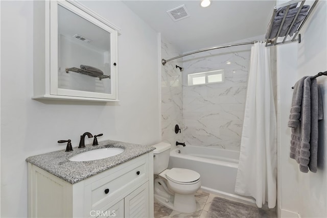 582 Sunset View Rd, Twin Peaks, CA 92391 - full bath featuring vanity, shower / bath combination with curtain, and marble look tiles