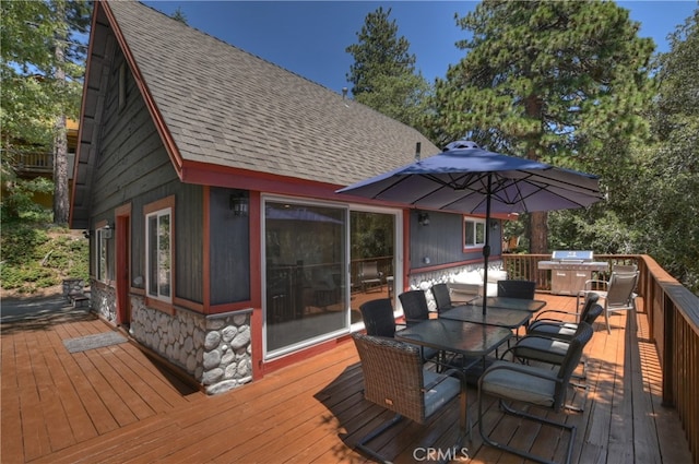 582 Sunset View Rd, Twin Peaks, CA 92391 - wooden deck with outdoor dining space and grilling area