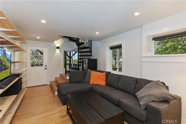 582 Sunset View Rd, Twin Peaks, CA 92391 - living room featuring stairs, light wood-style flooring, and recessed lighting
