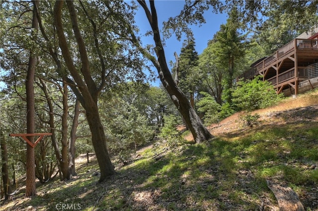 582 Sunset View Rd, Twin Peaks, CA 92391 - view of yard featuring a deck, stairs, and a wooded view