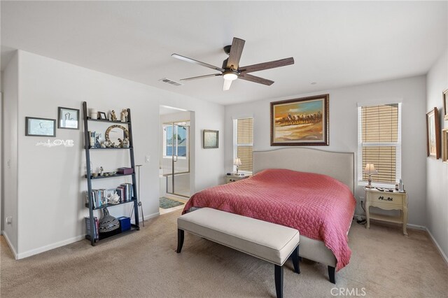 12200 White Rapids Way, Bakersfield, CA 93311 - bedroom with light colored carpet, a ceiling fan, and ensuite bathroom