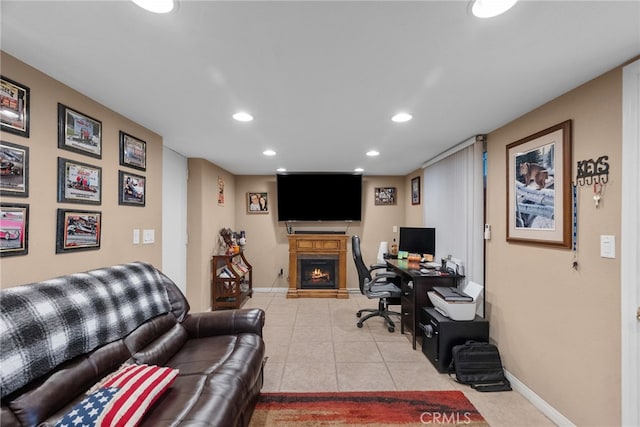 40139 15th St W, Palmdale, CA 93551 - home office featuring recessed lighting, a warm lit fireplace, and light tile patterned flooring
