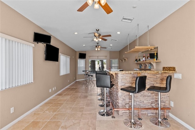 40139 15th St W, Palmdale, CA 93551 - indoor bar featuring ceiling fan, lofted ceiling, light tile patterned floors, and recessed lighting